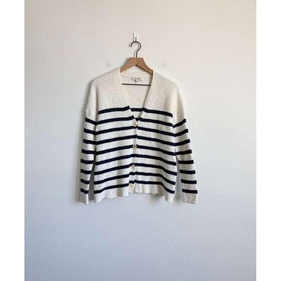 Madewell Sweaters - Madewell Ribbed‎ Cardigan Small White Navy Blue Nautical Striped Knit Sweater
